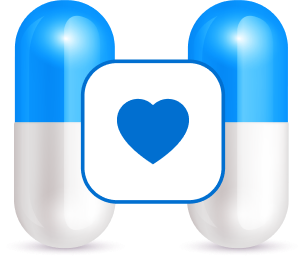 Two white and blue pills and a heart